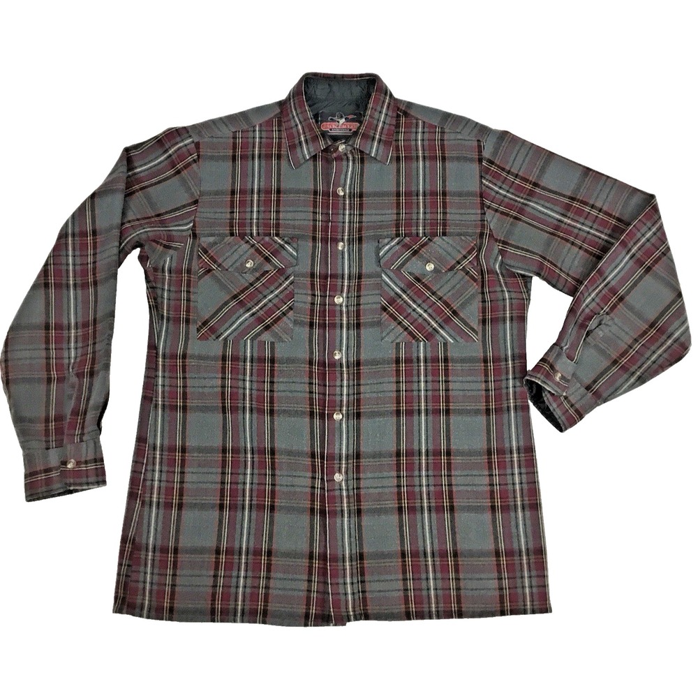 Backpacker Sportswear Mens Sz M Gray Red Plaid Acrylic Flannel Shirt Long Sleeve